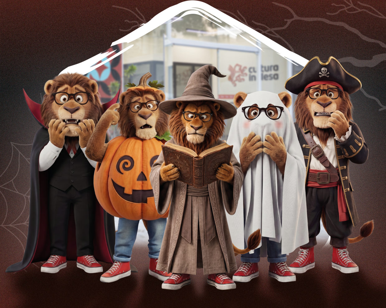 Os leões da Cultura Inglesa fantasiados de vampiro, abóbora, mago, fantasma e pirata